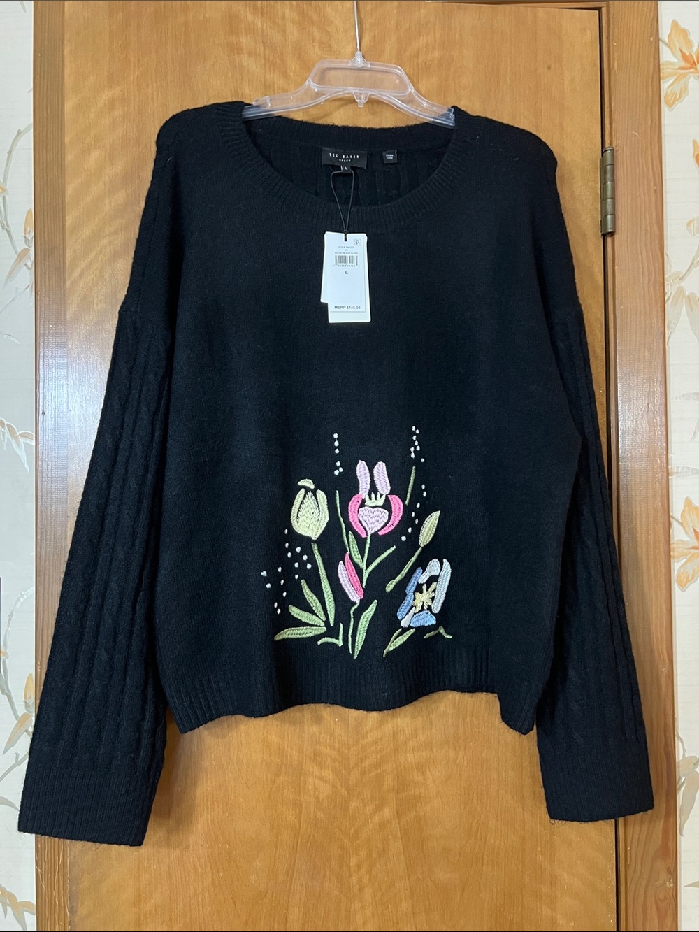 Ted Baker Black Crewneck Sweater with Pink & Green Floral Embroidery
